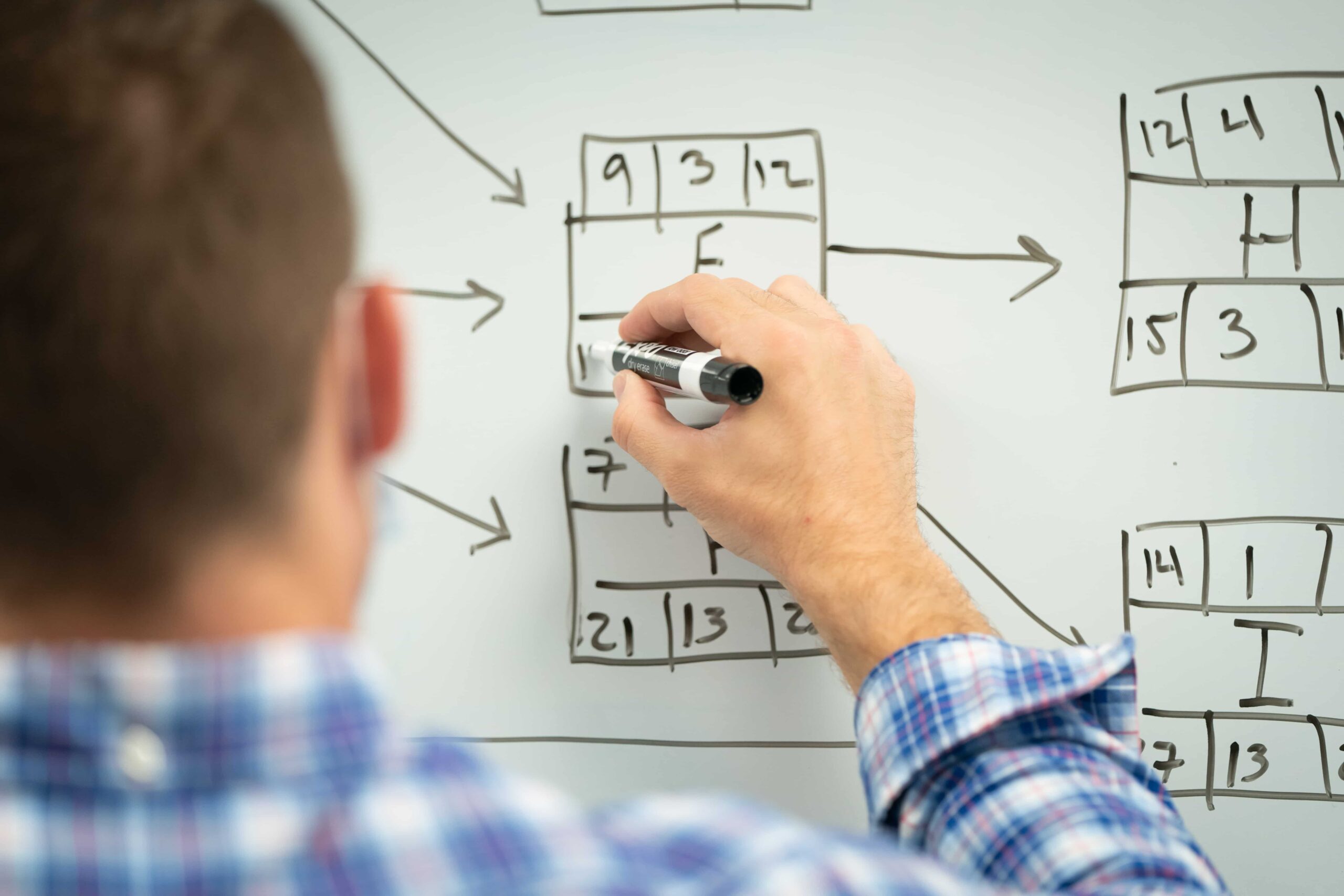 Person draws a project diagram with interconnected boxes and arrows on a whiteboard.