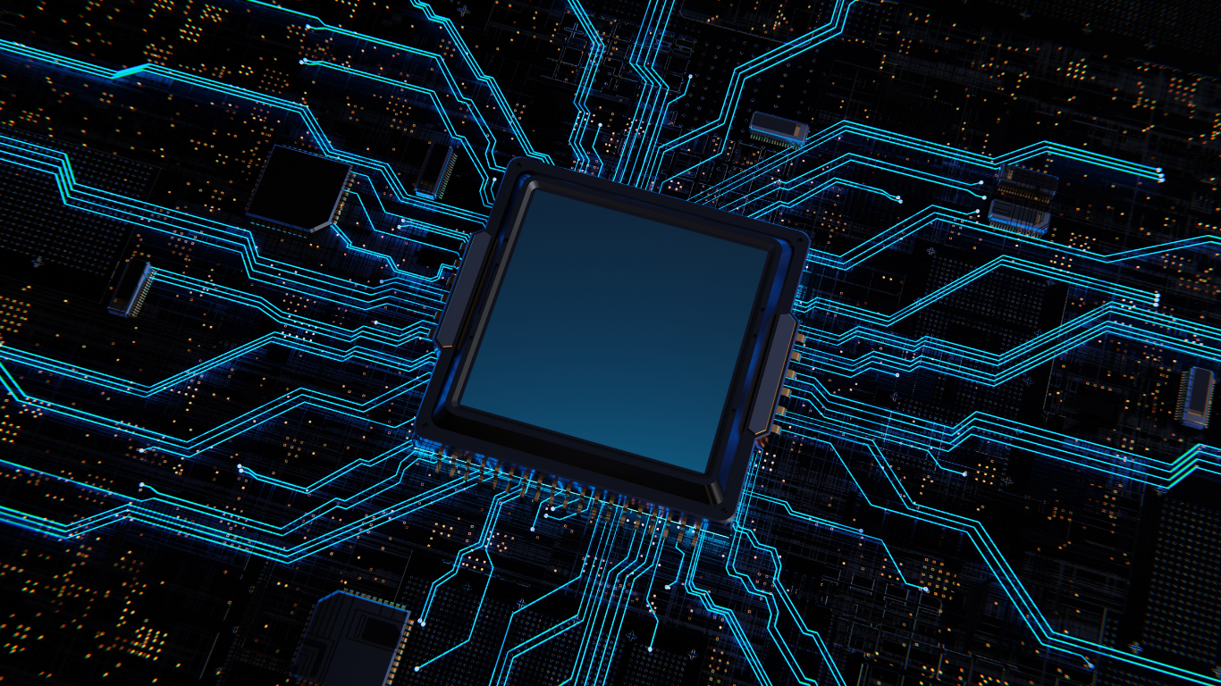 Digital illustration of a computer processor surrounded by glowing blue circuit pathways.