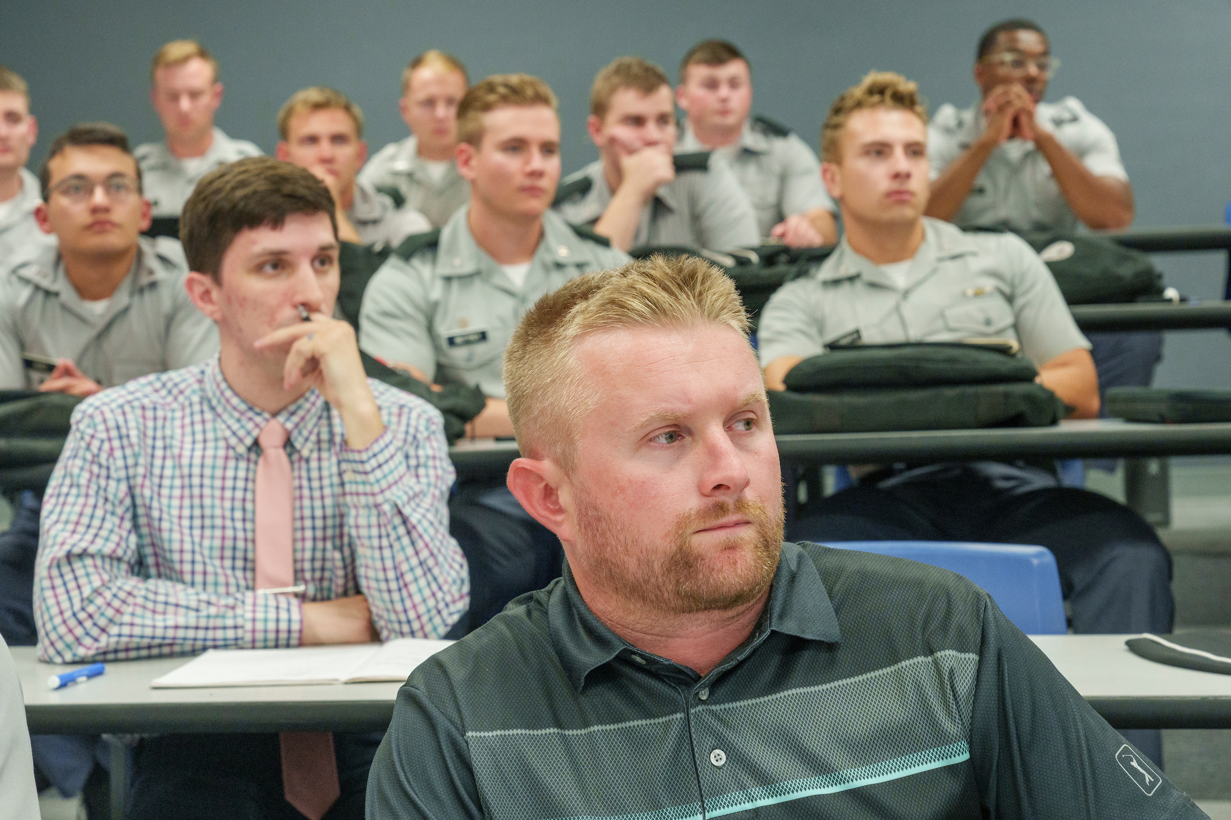 Veteran students and cadets listen during a classroom lecture at The Citadel.