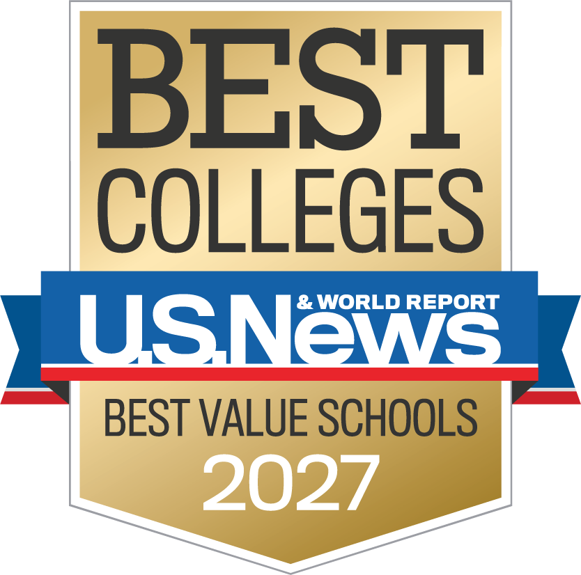 Gold badge reading Best Colleges, U.S. News & World Report, Best Value Schools 2027 with a blue, red, and white banner across the middle.