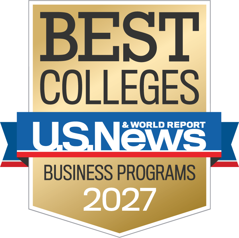 Gold badge with text: Best Colleges U.S. News & World Report Business Programs 2027 in black, blue, white, and red font.