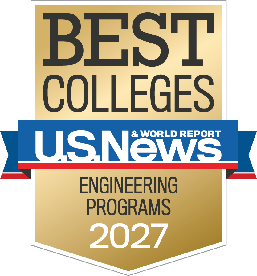 A gold badge reads Best Colleges U.S. News & World Report Engineering Programs 2027, with red, white, and blue accents.
