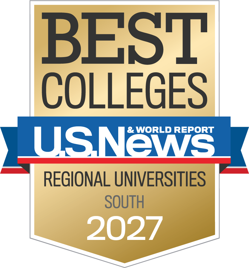 A gold badge reads Best Colleges, U.S. News & World Report, Regional Universities South 2027 with blue and red accents.