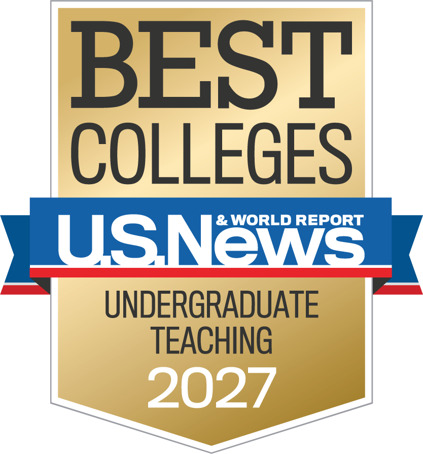 Gold badge with text: Best Colleges, U.S. News & World Report, Undergraduate Teaching, 2027 on a blue, red, and gold ribbon background.